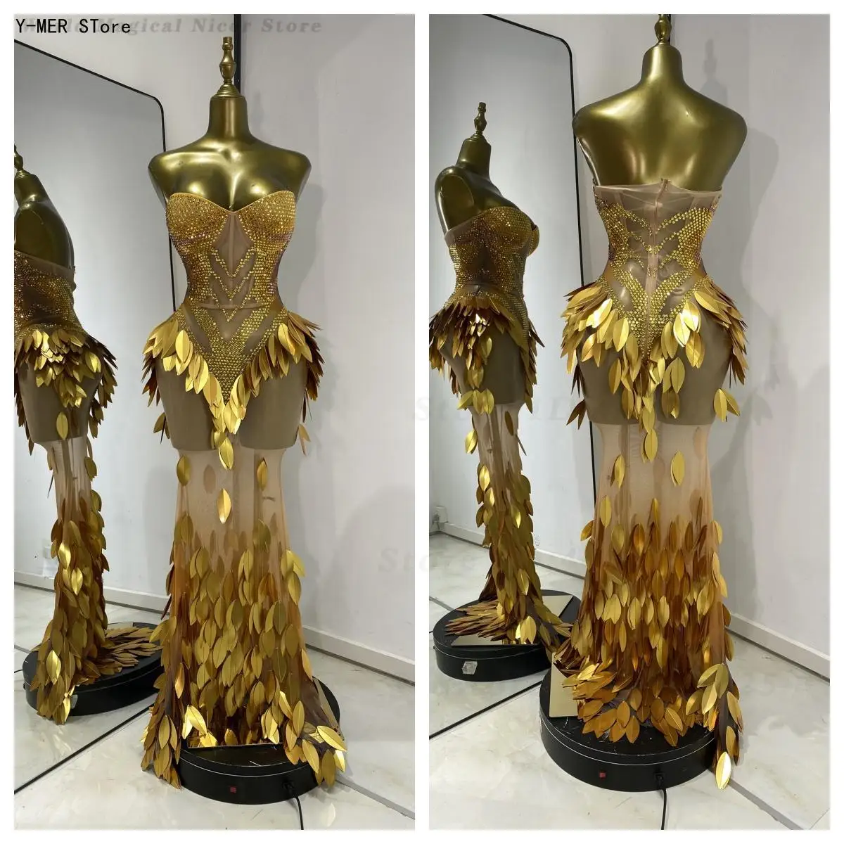 Sparkly Hot Fix Rhinestone Leaf Maxi Dress for Women Stage Concert Performance Red Carpet Birthday Banquet Formal Party