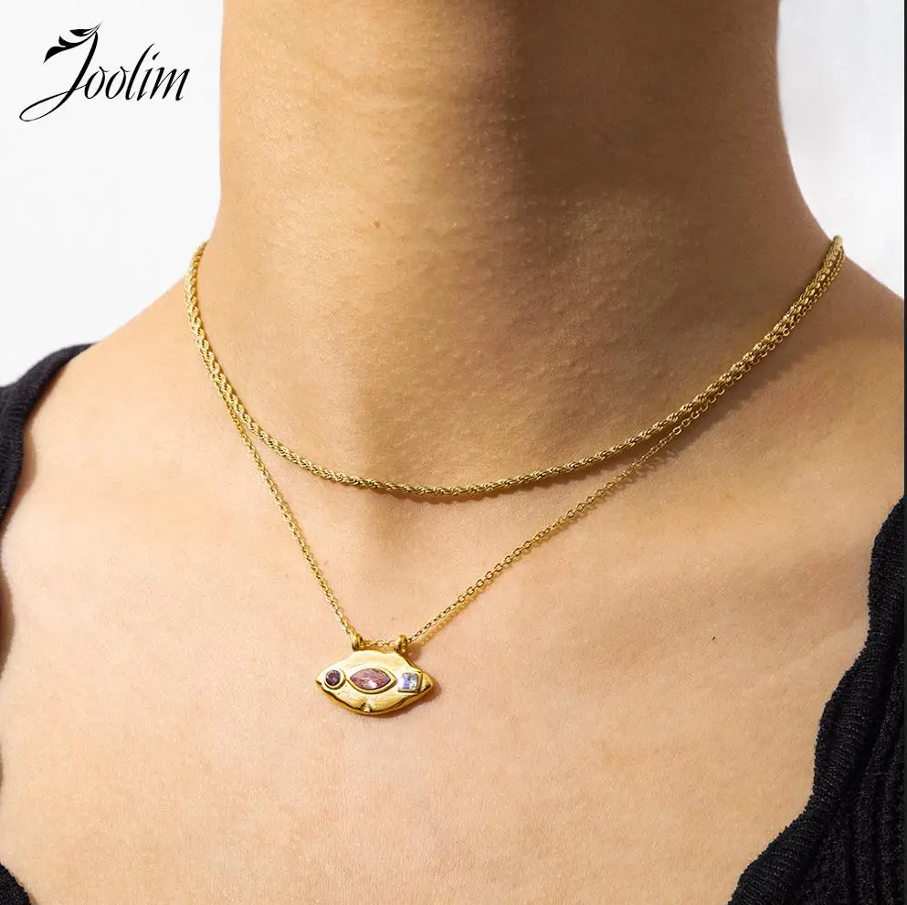 Joolim Jewelry Wholesale No Fade Fashion Purple Dot Clear Square Pink Eye Lip-shaped Pendant Stainless Steel Necklace for Women