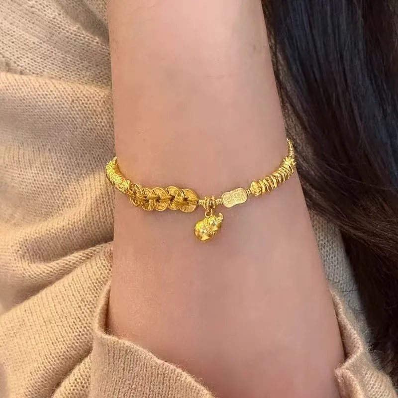 Fengshui Chinese Traditional Style Lucky Sand Gold Five Emperor Coins Gourd Bracelet Vintage Wealth Attracting Good Fortune Bles