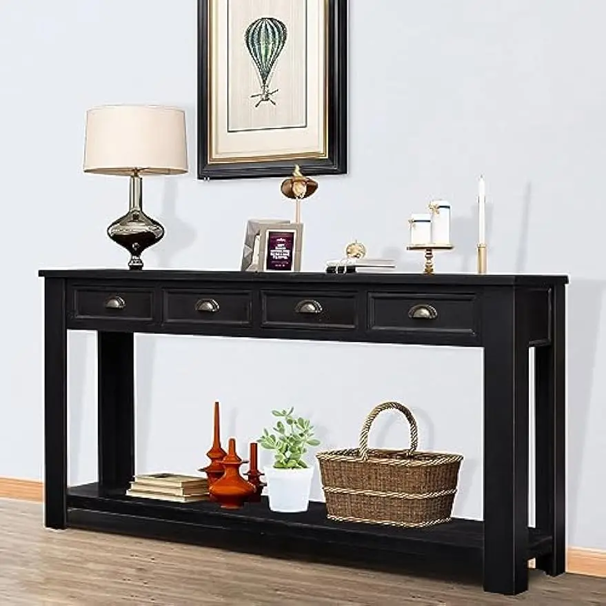 

Rustic Wood Console Table Sofa Table - Sofa Side Table with 3 Drawers & 1-Tier Storage Shelf Long Rustic Entryway Table, Black