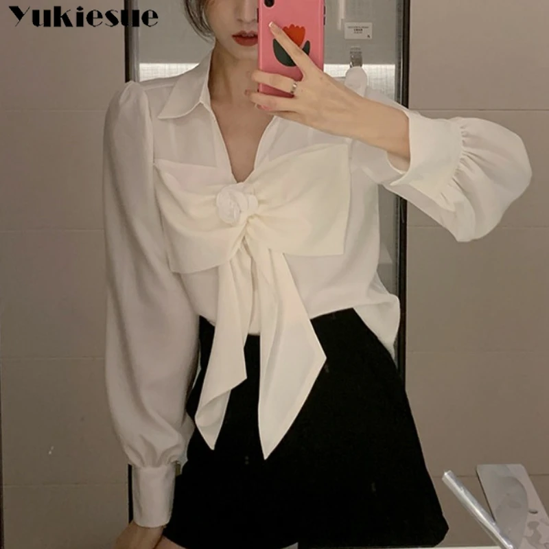 

Casual All-match Long Sleeve Simplicity Solid Color Blouse Women's Clothing Spring Fashion Bow Spliced Fashion Shirt for Female