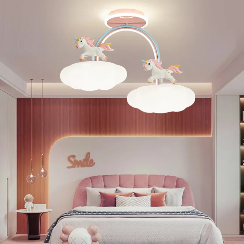 

Cartoon Unicorn Light Children's Room Ceiling Lamp with Remote Control Cloud Princess Room Pink Chandelier Light Full Spectrum