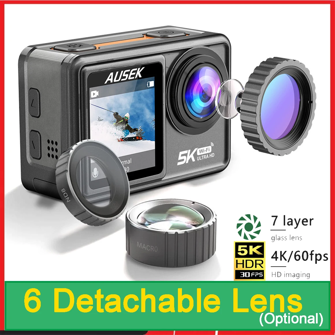 Action Camera Removable Filter 6 Lens 5K 30FPS 4K 60FPS 48MP Dual Screen 2