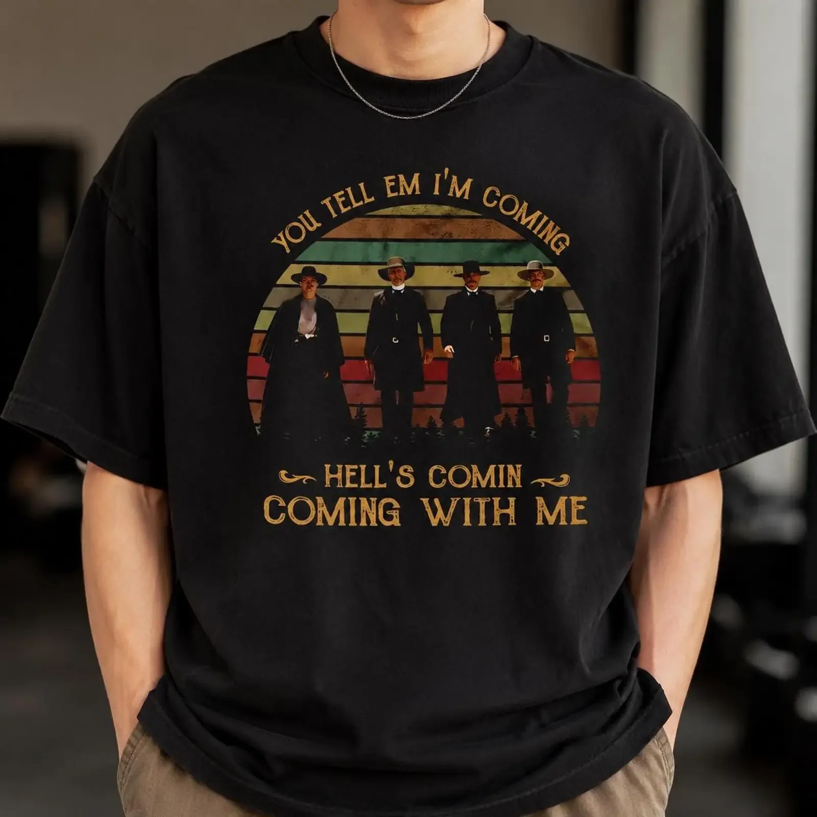 Tombstone Wyatt Earp Quote T Shirt Retro Sunset Western Film vintage Washed Breathable graphic streetwear Top For Everyday Wear