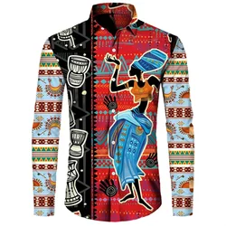 2024 New African Dashiki Men's Lapel Button-Down Shirt Casual Long Sleeve Tops Clothing Ethnic Style Street Shirt