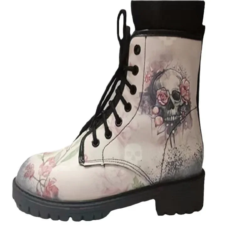 Large size women's boots with fashionable and comfortable print, spring and autumn high top skull pattern for women's boots