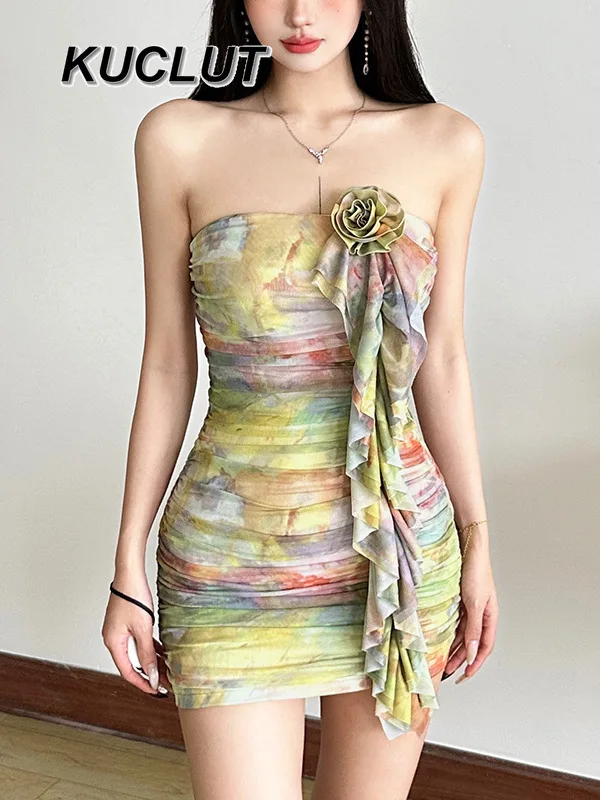 

Strapless Dresses for Women 2025 New Vintage Skinny Skinny Hip Wrap Three-dimensional Flower Summer Elegant Short Dress