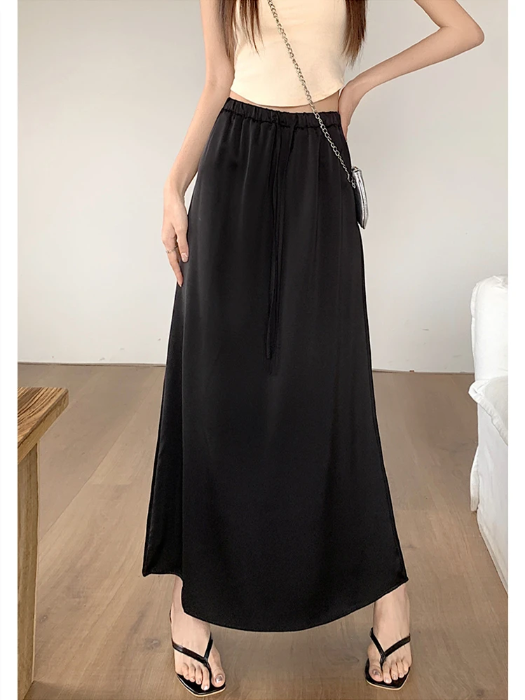 Summer New Women's Half Length Skirts Hot Selling Satin Finish Elastic Waist Lace-up Casual A-Line Simplicity Solid Vestidos