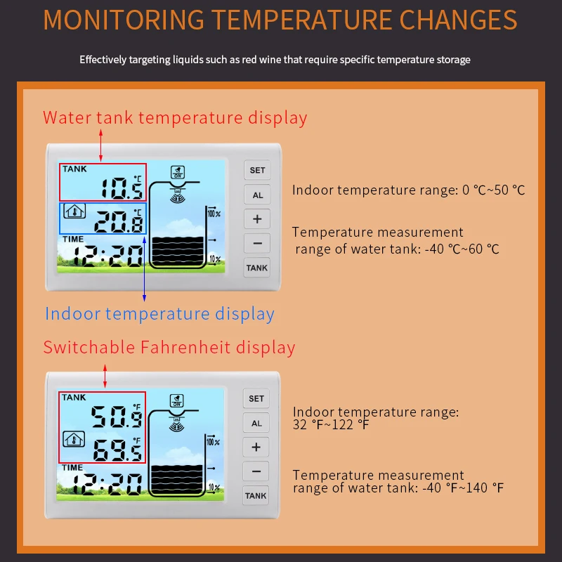 Digtial Ultrasonic Level Gauge Meter LCD Indoor Tank Water Liquid Depth Temperature Monitor Alarm Clock 100M Sensor -40℃ Backlit