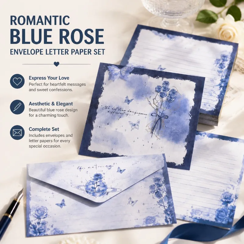 Romantic Blue Rose Envelope Letter Paper Set, Aesthetic Handwritten Stationery, Elegant Greeting Card  for  Love  Notes