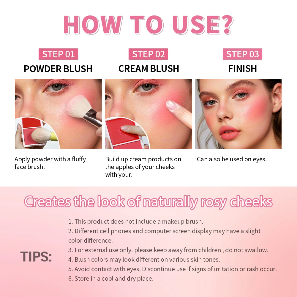 Lakerain Cream & Powder Blush Dual Textures Long-lasting Highly Pigmented Makeup Portable Natural Face Blusher Cosmetic