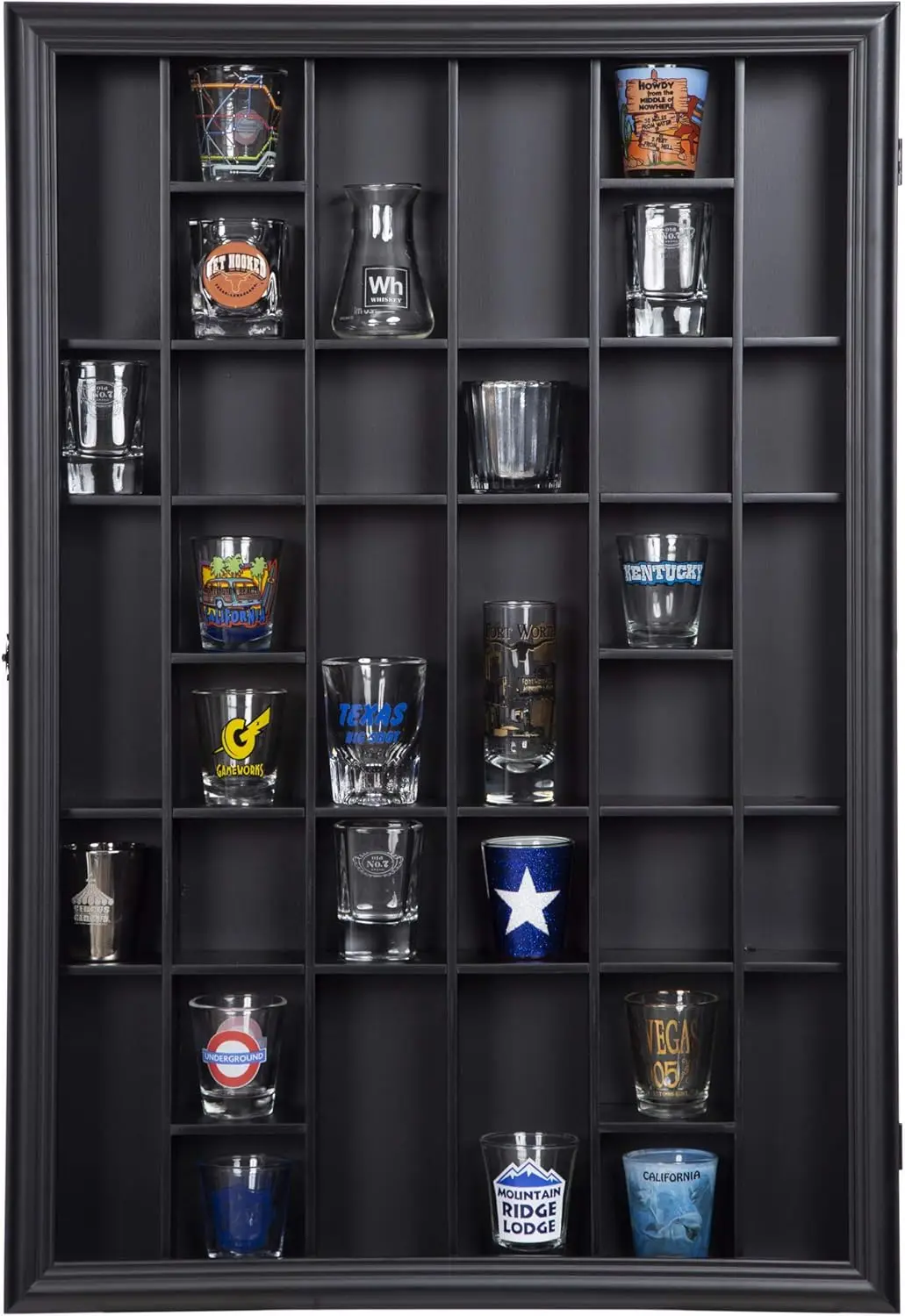 

Black Wall-Mounted Display Case for Shot Glasses and Collectibles, 17x26 Inches with Glass Door