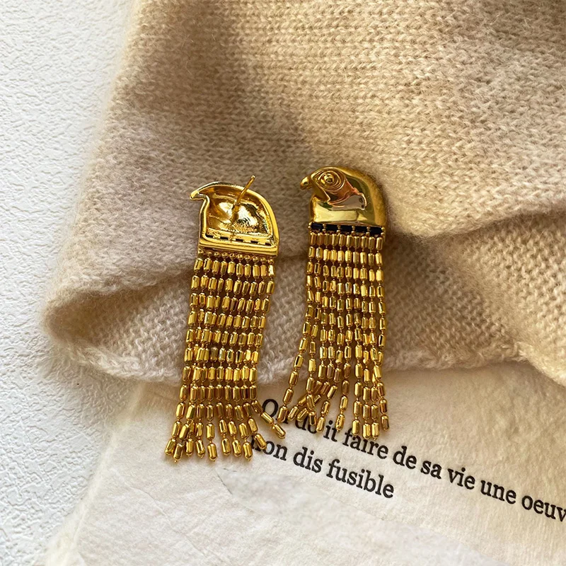 Boucle d'oreille aigle vintage pour femme, longue boucle d'oreille à franges, accessoires de bijoux, conception originale, nouvelle tendance, document en or, dieu du soleil égyptien