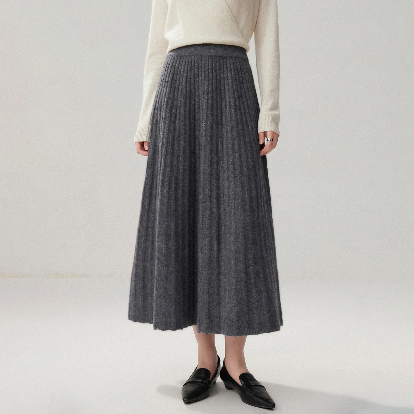 Tcyeek Elegant Women's Long Skirt 100% Cashmere Mid Length Skirts Umbrella Autumn Winter Knitted Wave Skirt Cashmere Dress