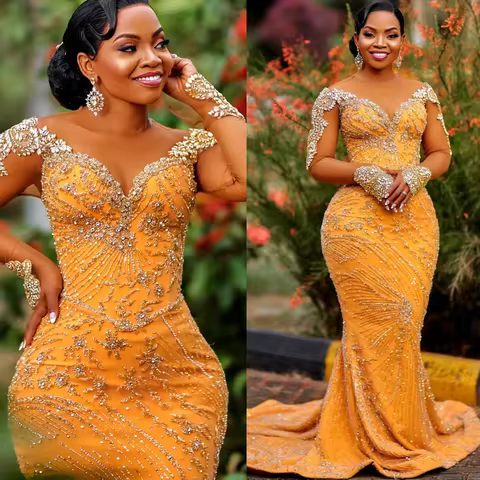 Customized Aso Ebi Yellow Mermaid Prom Dresses Beaded Rhinestones Sequined Evening Formal Party Second Reception Birthday Dress