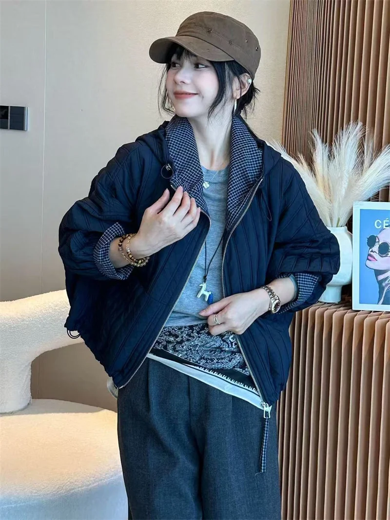 Giacca invernale da donna Cappotto con cappuccio ispessito con reticolo con cappuccio Giacca cardigan da donna alla moda autunno e inverno allentata