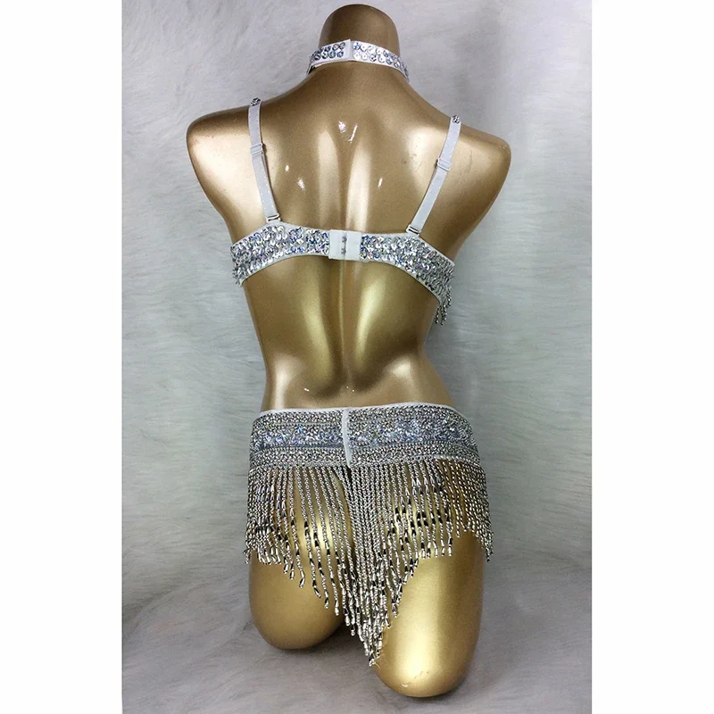 Set di costumi di danza del ventre con perline Abiti di danza del ventre di carnevale sexy Top di danza del ventre notturno Cintura con reggiseno a catena Abbigliamento da ballo