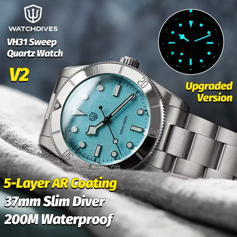 Watchdives WD7922 V2 37Mm Small Diver Watch Vh31 Sweep Quartz 200M Waterproof Sapphire Luminous 316L Men Women Diving Wristwatch