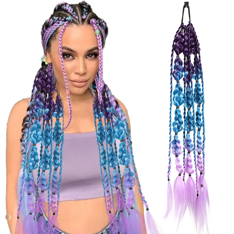 

26 Inch Synthetic 1pcs Multicolor Festive Barided Hair Ponytail Extension With Rubber Band For Woman Girls Kids Daily Party Use