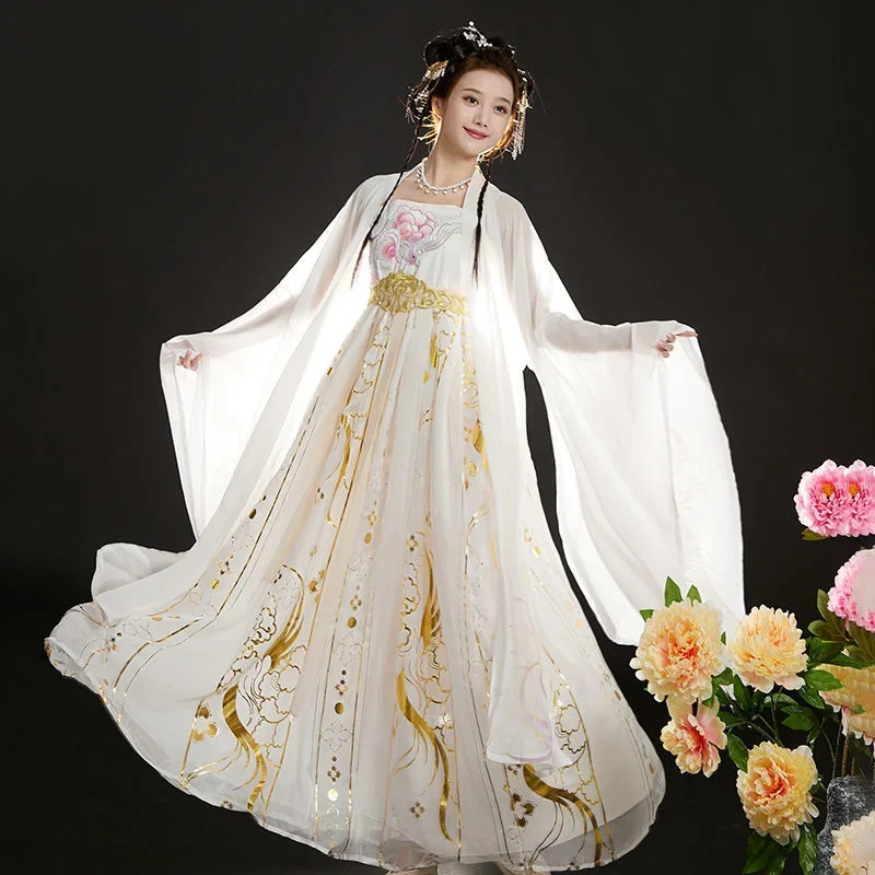 Tang Dynastie weiß Hanfu weiblich locker ärmel iges Hemd bestickt altes Kostüm täglich Fee elegante Frau chinesische Kleider