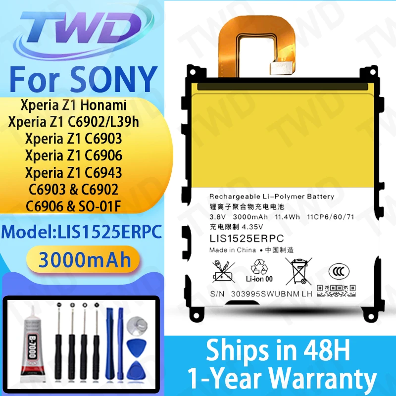 LIS1525ERPC Large capacity 3000mAh Battery For Sony Xperia Z1 Honami/Xperia Z1/C6902/L39h Batteries New High Quanlity+Free Tools
