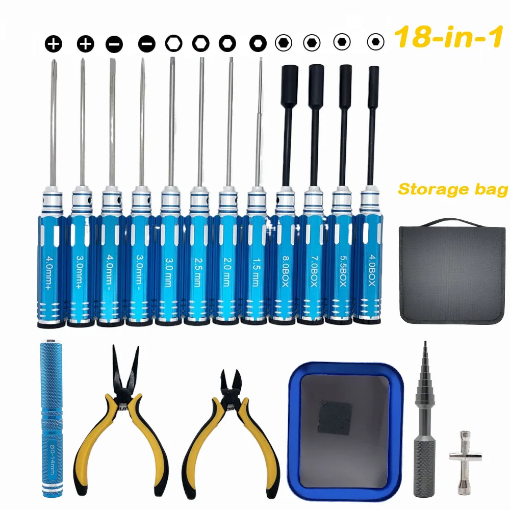 RC Tools Kits 18 in 1 Screwdriver Pliers Hex Sleeve Socket Spanner Repair Box Set for Repairing RC Airplanes Rc Car Model Toys