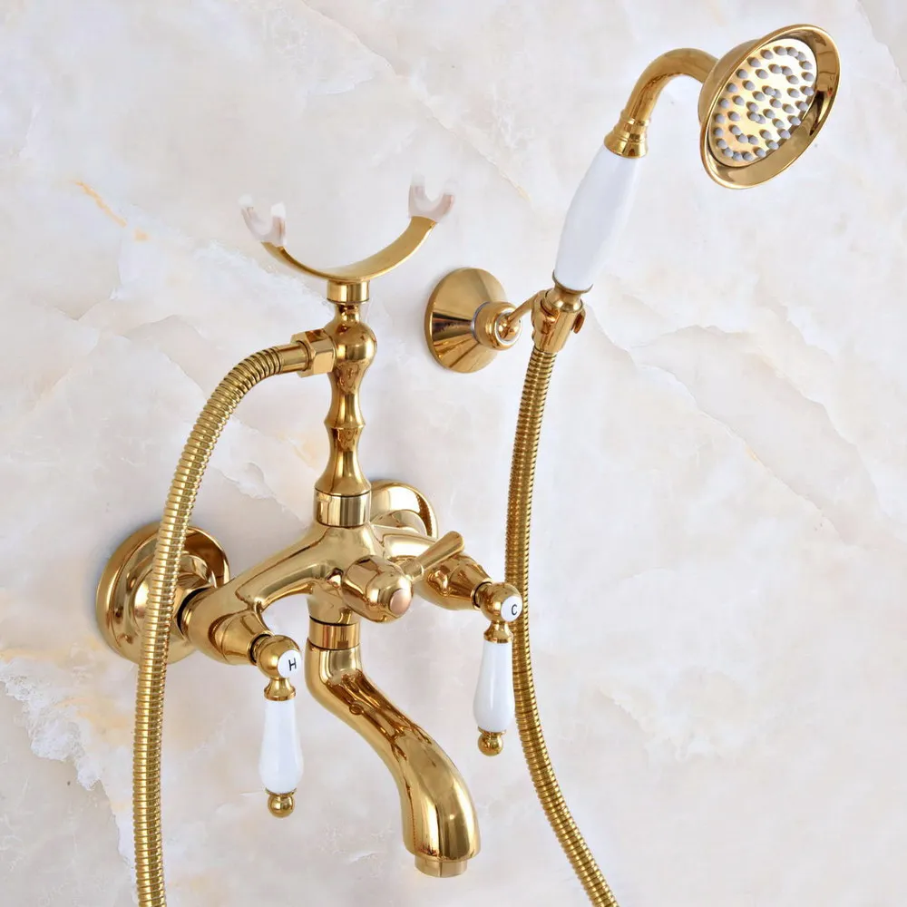 Luxury Gold Color Brass Wall Mounted Bathroom Bath Tub Faucet Set with 1500MM Hand Held Shower Spray Mixer Tap 2na966