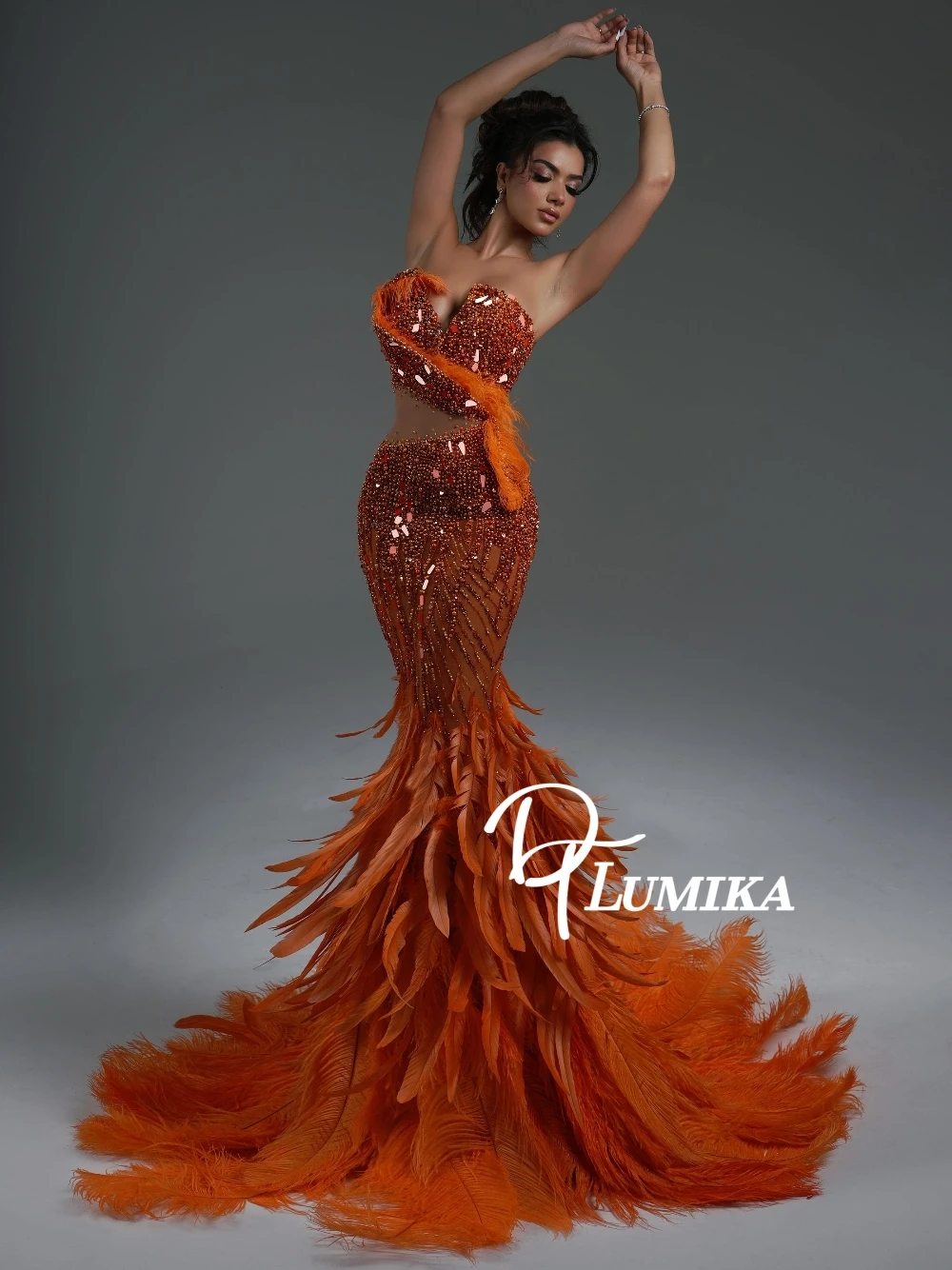 فستان سهرة برتقالي غني بالريش حورية البحر براقة لؤلؤ احتفال رسمي للمناسبات ملابس مثيرة مقصوصة على شكل حرف V فستان حفلات