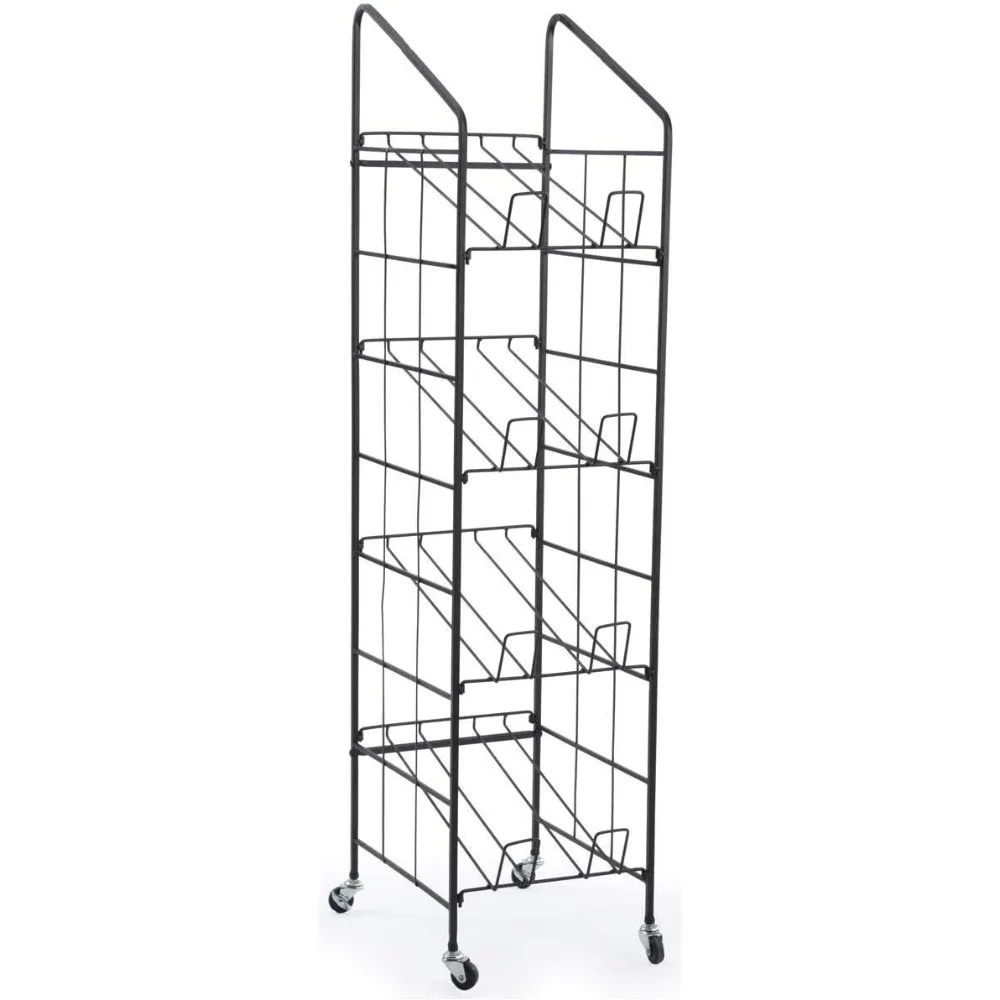 

Portable Newspaper and Magazine Rack, 4 Angled Shelves, Locking Caster Wheels (Black Steel)