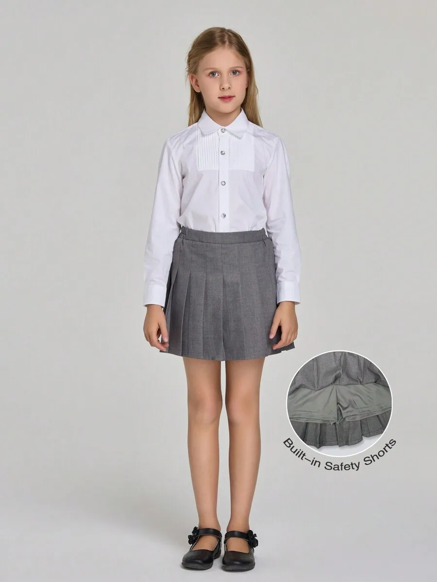 

Girls Pleated School Skirt with Built-in Safety Shorts, Gray