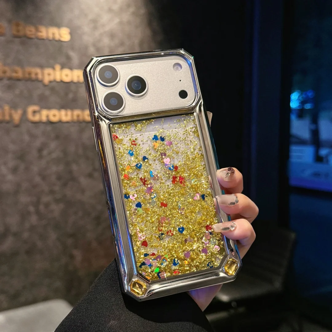 

Glitter Bling Quicksand Heart Phone Case for iPhone 17 16 15 14 13 Pro Max Plus 17 Air Luxury Plating Camera Protector Cover