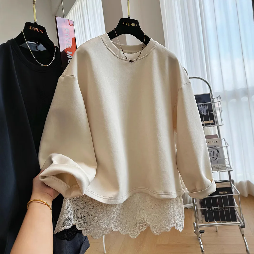 Immagine 6: 2025 Set da due pezzi con giunture in pizzo, maglione girocollo con testa, top primaverile e autunnale da donna