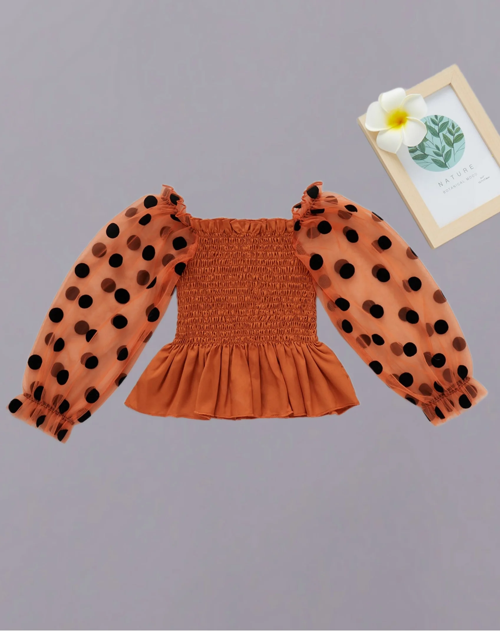 Small Fresh Advanced Touch Dot Mesh Stitching Square Collar Bubble Sleeve Elastic Waist Short Comfortable Summer Shirt for Girls