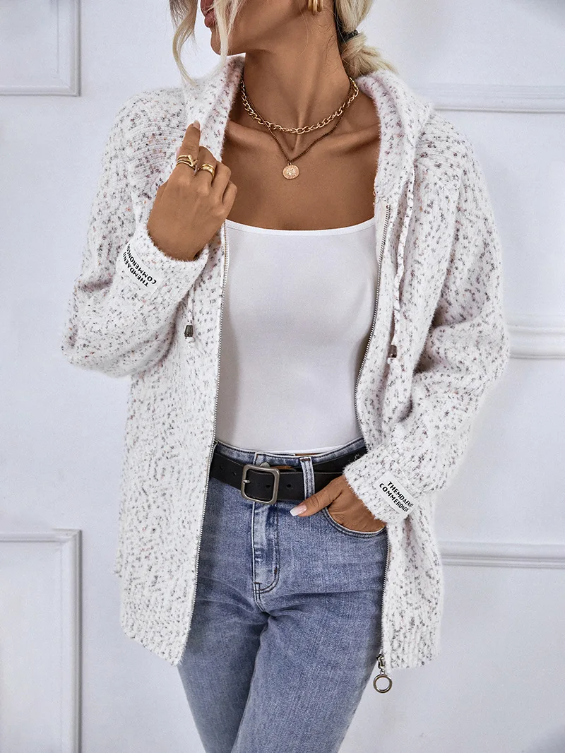 4 Colors Long Sleeves Cardigan Soft Sweater With Hooded Speckle Front Zipper Loose Knitwear Autumn Women Knitted Outstreet Coat
