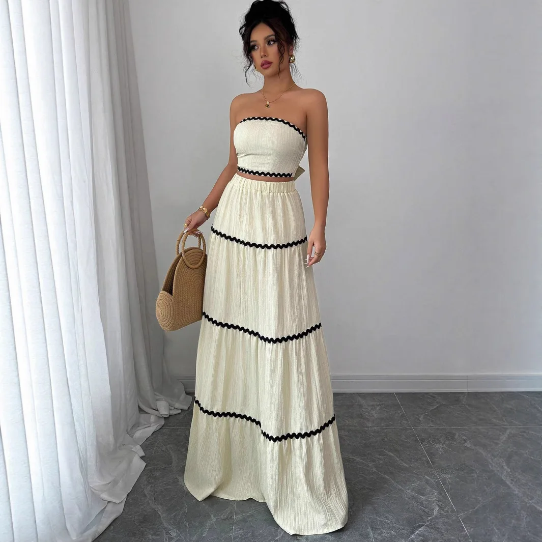 

Summer New Sexy Ruffle Trim Crop Top And High Waist Skirt Set Women's Faion Polyester Fiber No Sve Sensual Sle