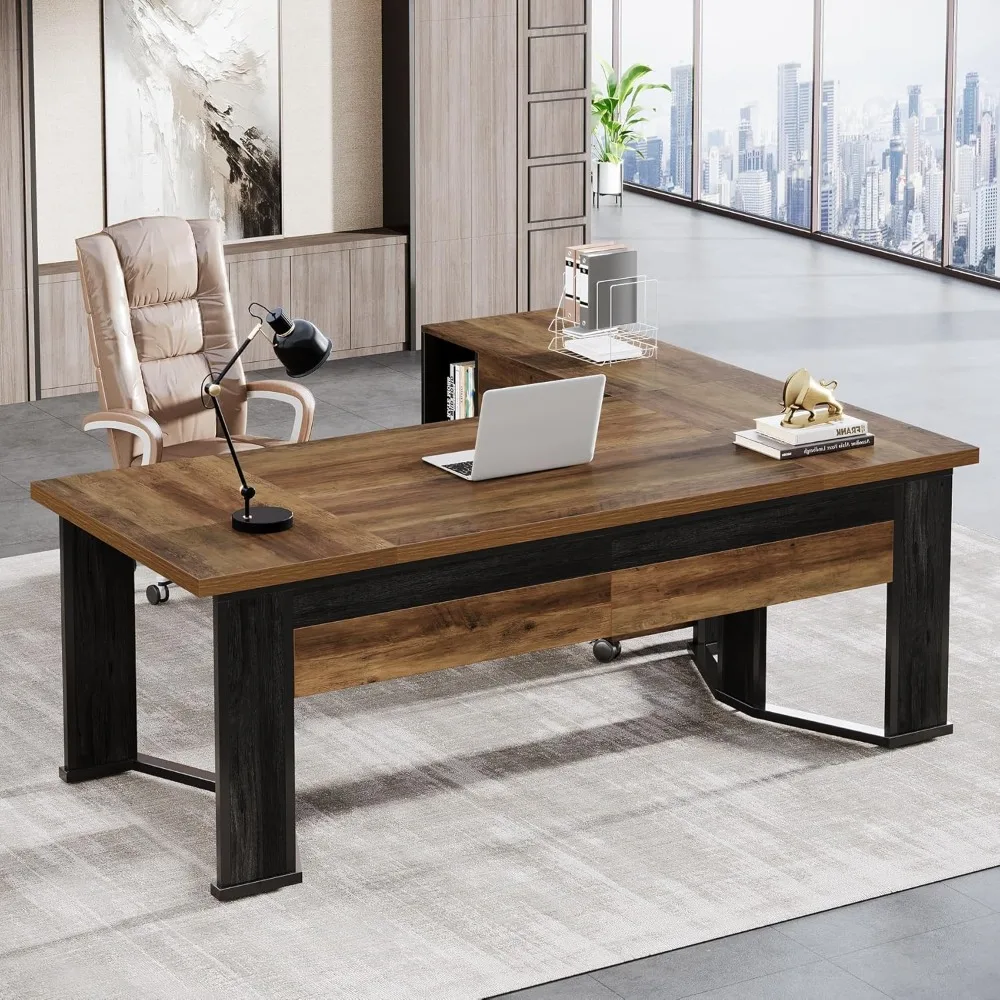 

70.86" Executive Desk with Mobile File Cabinet, Large L Shaped Computer Office Desks w/2 Drawers and Storage Shelves,Office Desk