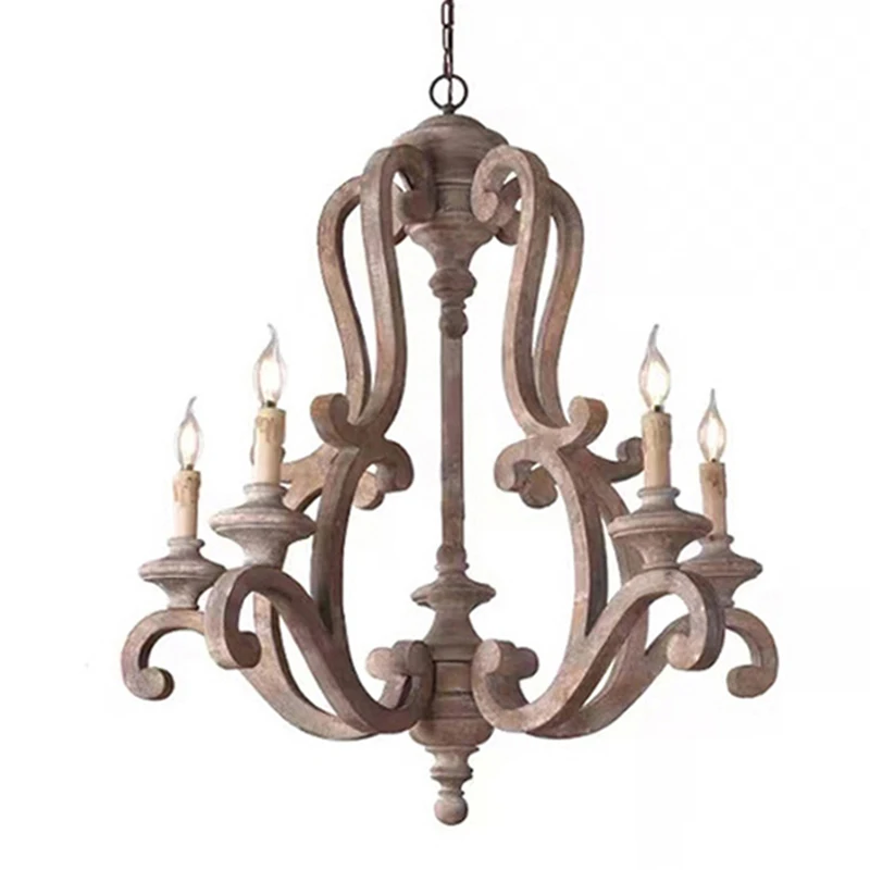 Lustre en bois de style campagnard américain pour salon, chambre à coucher, villa, maison d'hôtes, lustre créatif de style français, éclairage décoratif à 5 têtes