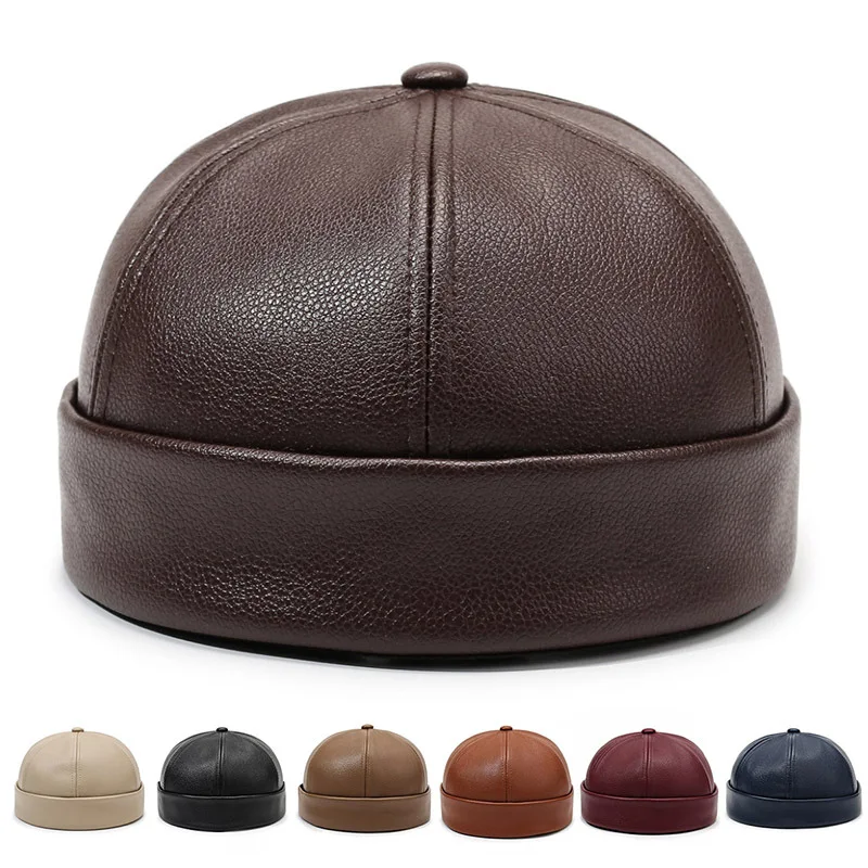 Casual Retro Brimless Hat PU Leather Adjustable Melon Skin Caps Solid Color Docker Cap Autumn Winter