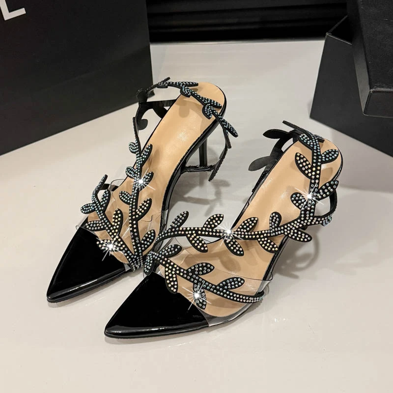 Goldene Lackleder-Blatt-High-Heels für Damen im Sommer 2025, einzeilige Sandalen mit dünnen Absätzen, spitzer Spitze und freiliegender Spitze