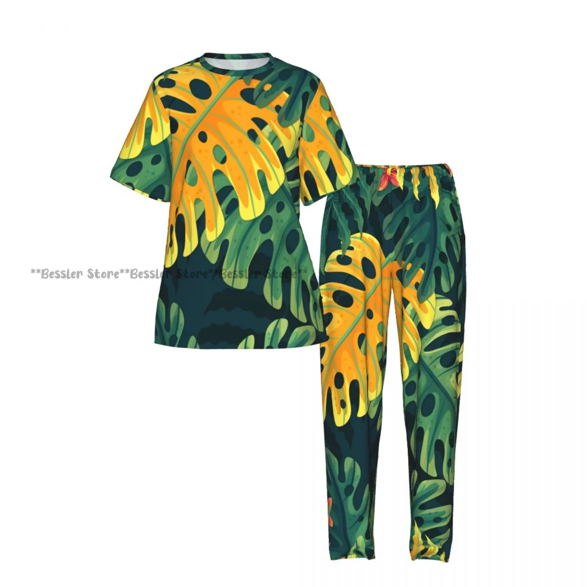 Women Pajama Sets Lounge Sleepwear Tropical Leaves Zoom Short Sleeve Nightwear