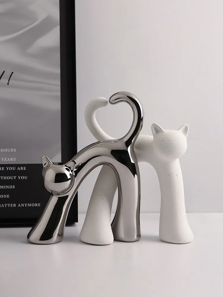 2Pcs Heart Tail Cat Ceramic Figurine Modern Home Desktop Statues Living Room Decor Romantic Couple Housewarming Gifts Sculptures