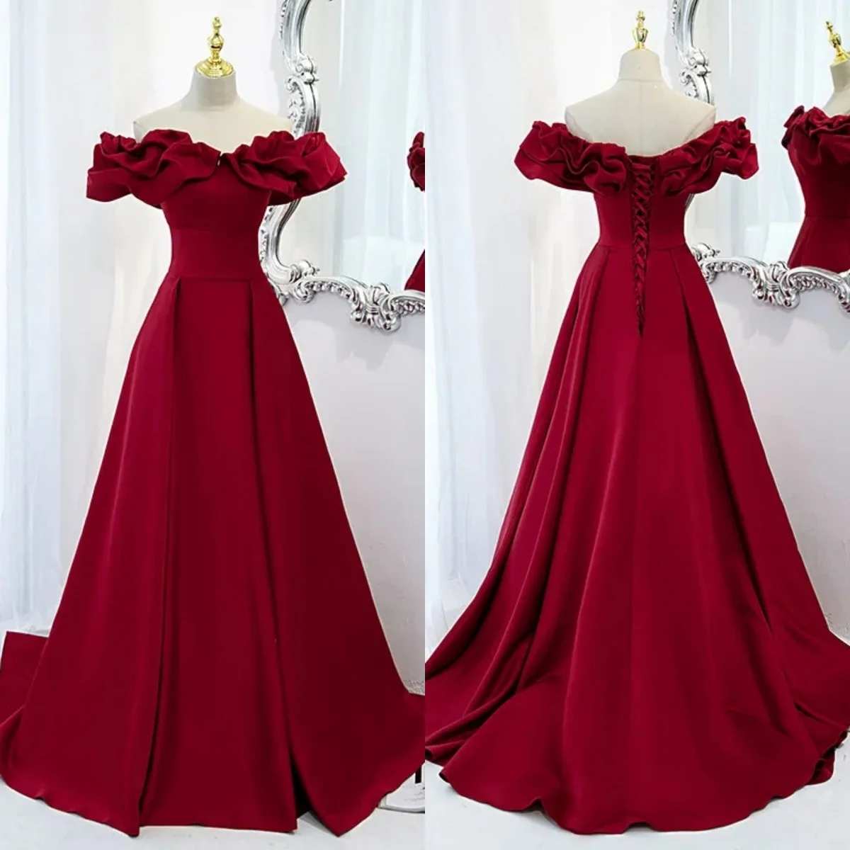 Evening Dress Burgundy Jersey Off the Shoulder Pleat A-line Trailing Floor Length Lace up Plus size Women Party Formal Gown