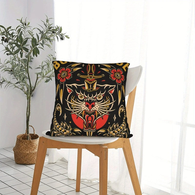 1pc Bold Black Red Panther Tattoo Pillow Cover, Polyester 2D Double Sided Print Cushion Case, Retro Old School Art Throw Pillowc