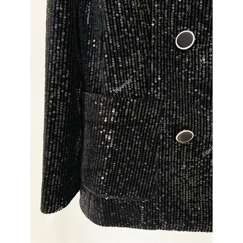 Pantaloni con paillettes in velluto nero donna 2024 nuovi pantaloni Blazer di lusso doppiopetto firmati pantaloni svasati Set abiti abiti