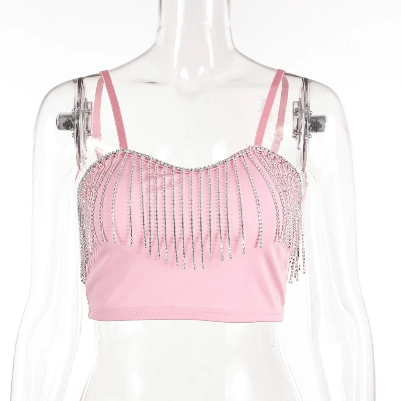 Uniformes de actuación escénicos sexys para club nocturno con tirantes y cadena de diamantes de imitación con flecos