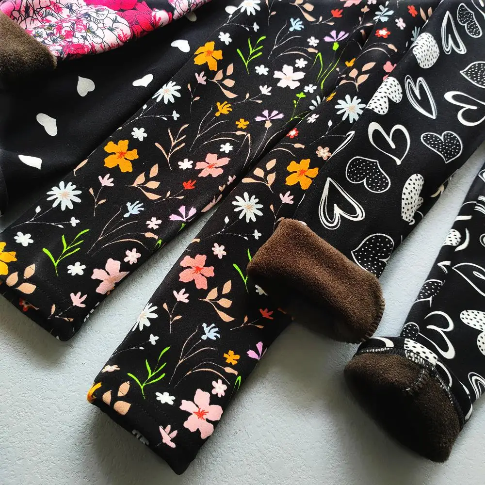 Floral Flowers Thicked Warm Children Girls Leggings Autumn Winter Stretch Baby Kids Pants