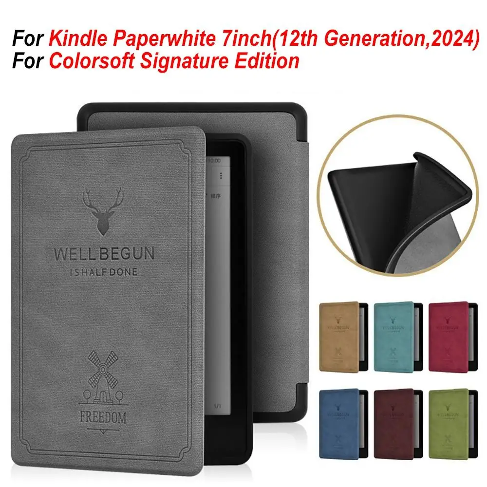 

Auto Sleep/Wake 7 Inch Colorsoft Cover Anti-scratch PU Leather E-Reader Case Retro for Kindle Paperwhite 2024(12th Gen)