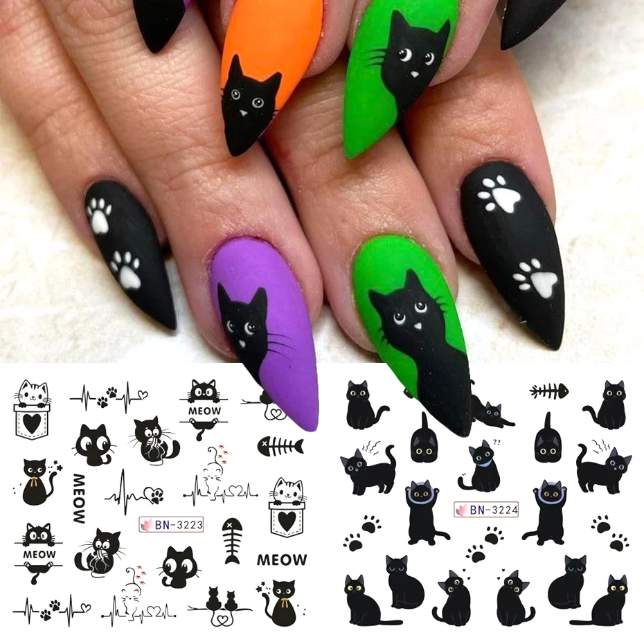 12가지 디자인의 검은 고양이 네일 워터 스티커 귀여운 카와이 만화 네일 아트 데칼 워터마크 전사 슬라이더 매니큐어 장식