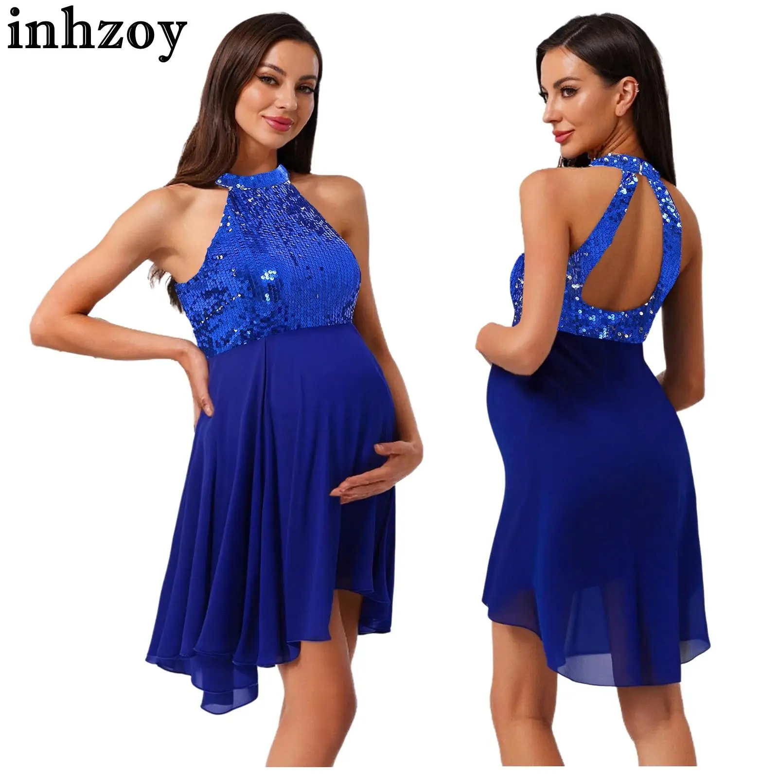 

Pregnant Women Shiny Sequins Party Dress Halter Sleeveless Backless Chiffon Gown for Birthday Wedding Prom Banquet Photography
