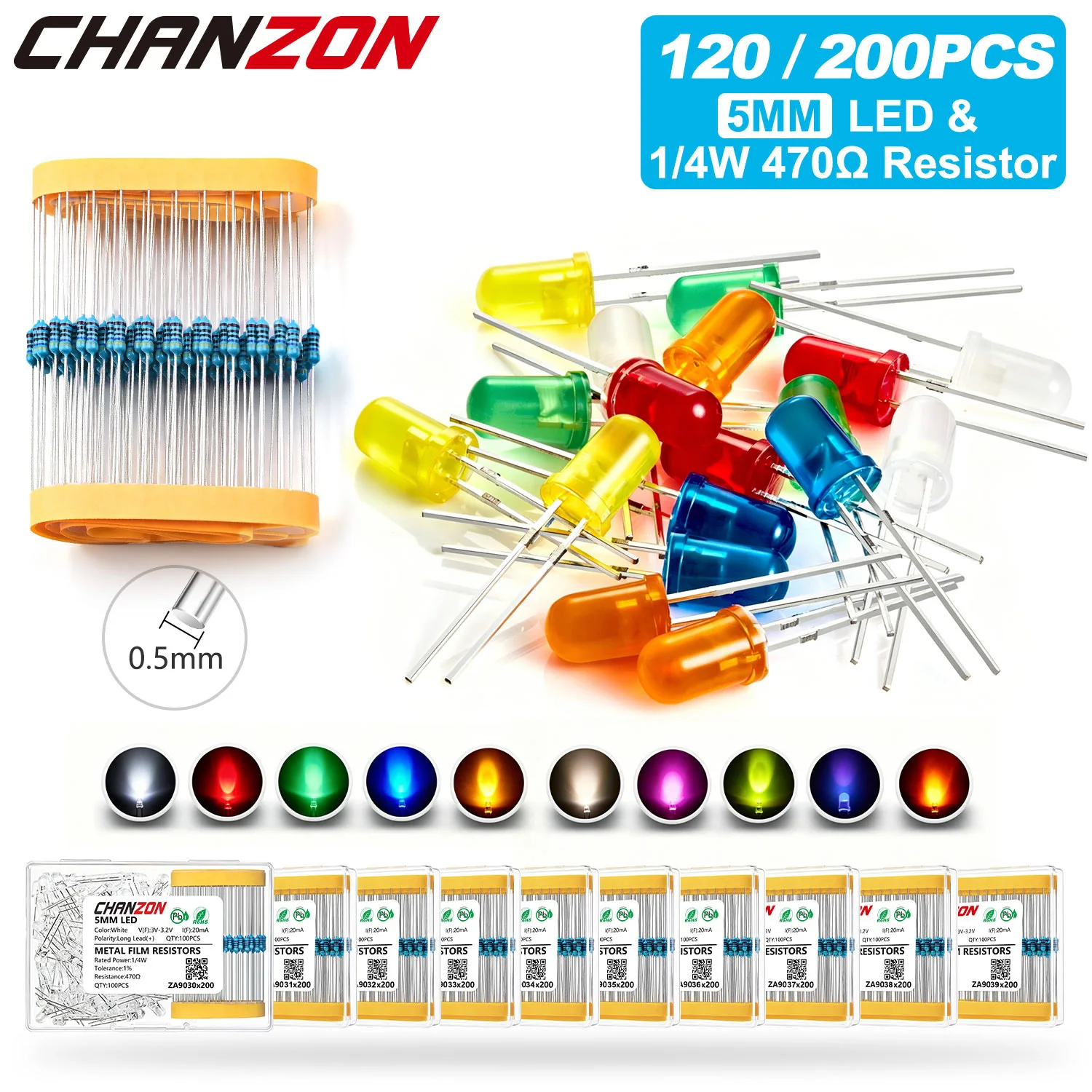 5mm LED Diode Kit 1/4W 1% 470 Ohm Metal Film Resistor Ultra Bright Warm White Red Blue Green UV Orange Yellow Pink Light Bulb